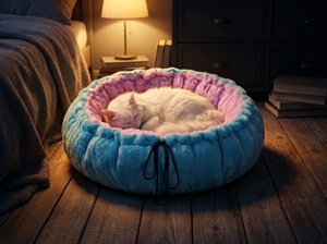 Amistar CozyNest Premium Round <b>Cat</b> Bed XL – Luxury Blue Faux Fur with Pink Plush Interior, 102cm - Product Image 3