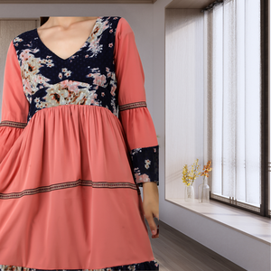 Robe de jour décontractée pour femmes à patchwork floral avec col en V manches cloche marine corail tissu doux taille naturelle pour les fêtes - Product Image 2