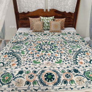 100% coton vert émeraude paon jeter couvre-lit couverture de Table main Aari brodé Kantha cousu feuille de couleur vive - Product Image 1