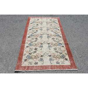 Alfombra de lana Beige tradicional hecha a mano 3,8X6,4 pies diseño rectangular de retazos turcos para sala de estar alfombra de noche con respaldo de látex - Product Image 1