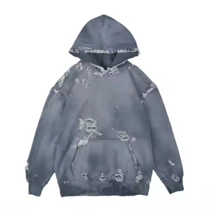 Vente en gros de sweat-shirts à capuche déchirés de style streetwear, prix bas, sweat-shirts à capuche surdimensionnés pour hommes, design personnalisé, sweat-shirts à capuche déchirés - Product Image 4