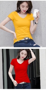 Mode été haut femmes col en V T-shirt Slim Fit coton T-Shirt à manches courtes t-shirts bas chemise brodé haut T-shirt pour hommes - Product Image 3