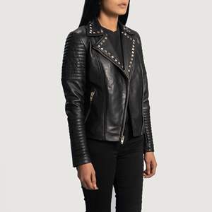 Veste de motard en cuir véritable peau de mouton pour femme, fermeture éclair en Aniline, cloutée, noire, doublure matelassée en Viscose, intérieur et extérieur - Product Image 3