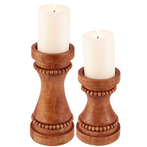 Natural Brown Wooden <b>Candle</b> Holder <b>Set</b> of 2 Decorative Beaded Pillar Stand Rustic Table Decor Accent for Home Office and <b>Gift</b> - Product Image 1