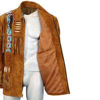 Chaqueta de cuero occidental tradicional marrón para hombre abrigo con cuentas de flecos chaqueta de cuero de ante de vaca original cierre de cremallera