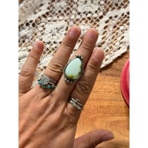 Scott Skeets Boho <b>Statement</b> <b>Ring</b> Palomino Variscite & Sterling <b>Silver</b> Cut Animal Pattern Vermeil Plating Size 7 Everyday Wear - Product Image 2
