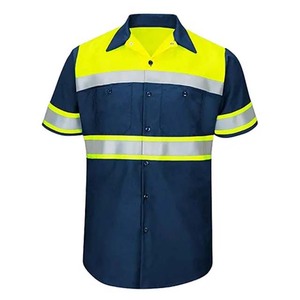 High Visibility Shirt Short Sleeve Reflective Workwear Navy Yellow Stripe Design Customized Logo - Product Image 1