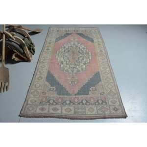 Alfombra turca vintage clásica rosa gris 4x7 pies área grande respaldo de látex de lana patrón abstracto para diseño de pasillo rectangular adolescente - Product Image 1