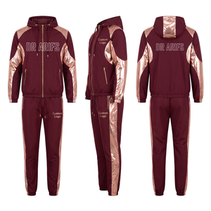 Conjunto deportivo de dos piezas con capucha para hombre, color burdeos y oro rosa, con cremallera, logotipo personalizado, ropa deportiva informal. - Product Image 1