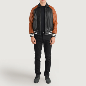 Vestes en cuir boutonnées pour hommes à la mode-Épaules matelassées Veste en cuir pour hommes Vestes Letterman - Product Image 2