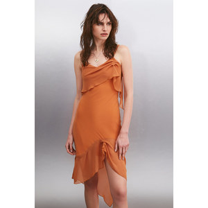 ETHIQUET VESPERTINA Women's Chiffon Woven Fabric Asymmetric and <b>Ruffle</b> Detail Midi <b>Dress</b> - Product Image 1