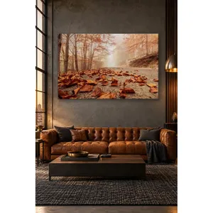 Impression sur toile de feuilles sèches sur une route forestière brumeuse de Fida - Product Image 3