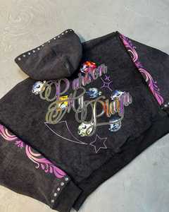 SIBRIN Factory Made Acid Wash Rhinestone <b>Screen</b> <b>Print</b> Hoodie Custom Logo Winter French Terry Streetwear Zipper Hoodie Sweatshirt - Product Image 3