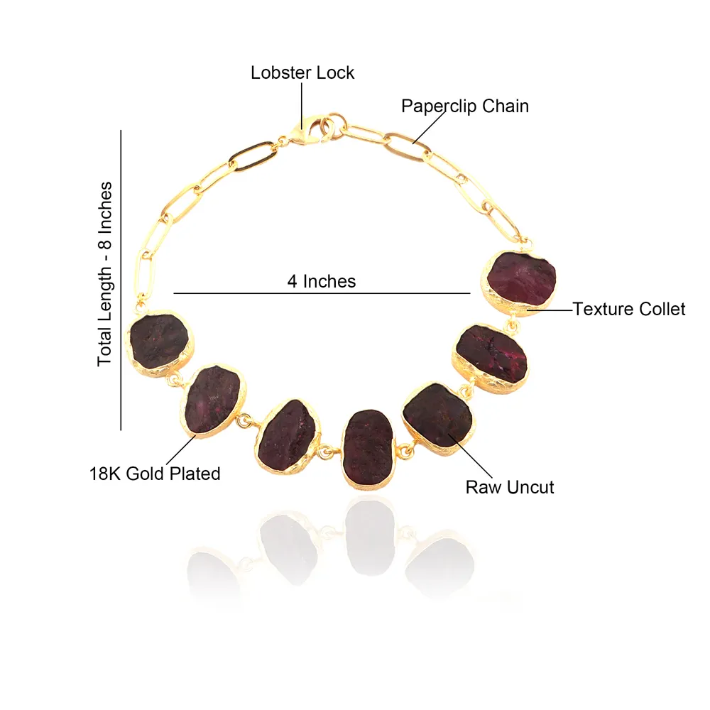 Customize rough look gemstones chain bracelet genuine uncut ruby july birthstone bracelet brass gold plated statement bracelets