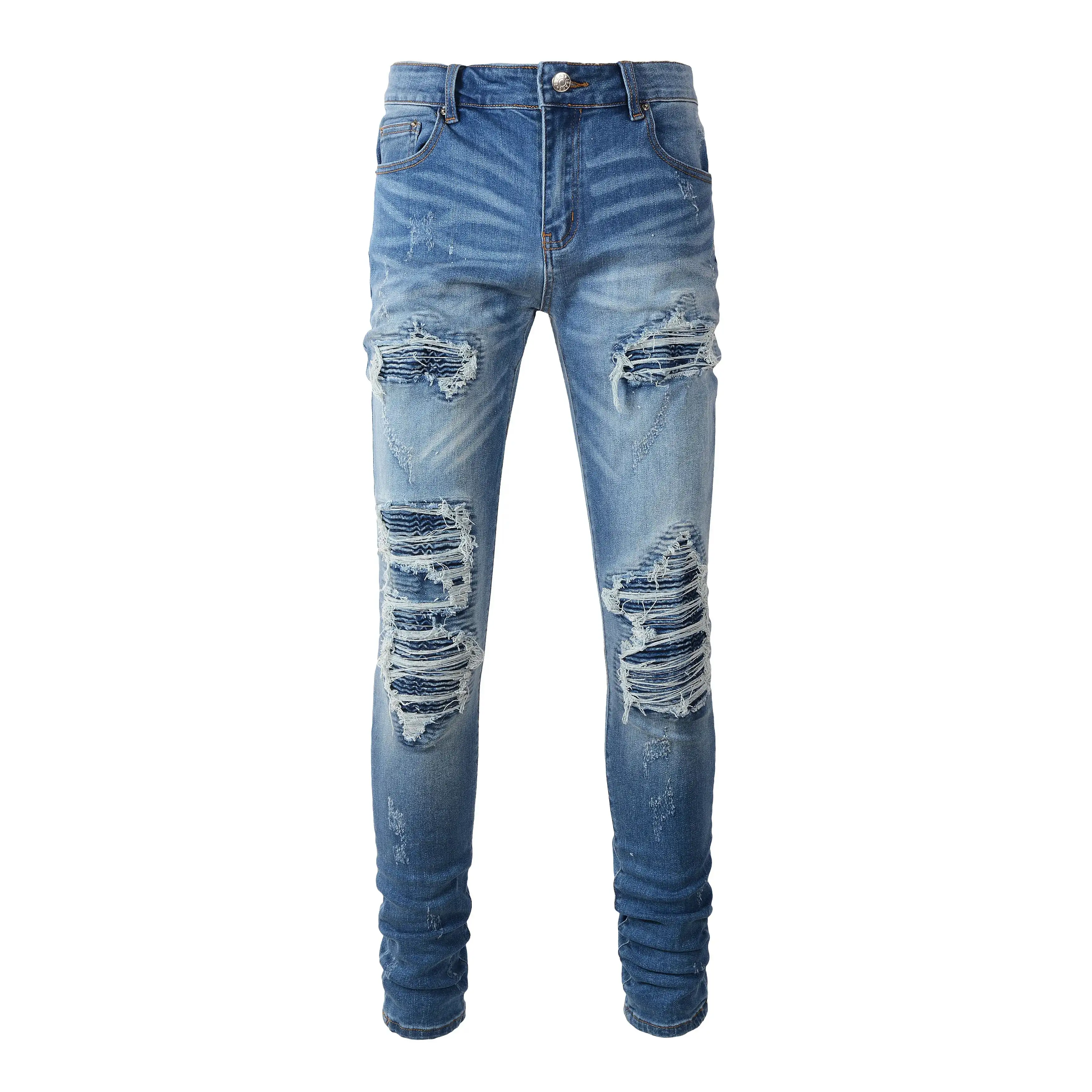 Calça jeans masculina personalizada slim com buraco de arranhões, calça jeans fashion para homens