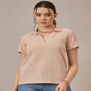 Camiseta beige con cuello Polo, camiseta de poliéster de punto, ropa informal de verano con camiseta de mujer, longitud Regular - Product Image 4