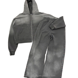 Custom Sweat Stack Pant Trajes de chándal Lavado ácido Chándal Rhinestone Zip up Sudadera con capucha y pantalones de chándal acampanados Conjunto de chándal para hombres - Product Image 1
