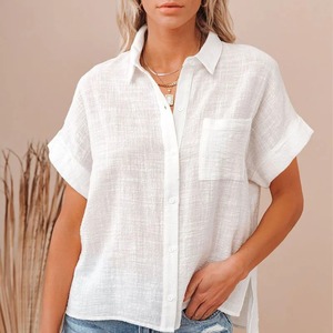 Blusas de Lino y Algodón con Estampado Sólido de Moda para Mujer, Blusas Casuales de Manga Corta, Ropa de Verano Blanca con Botones Transpirables - Product Image 3