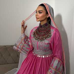 Custom Manufacturers Modern Vintage Afghan Kuchi Women's A-Line Midi Dress <b>Pink</b> Embroidery Design Modest Formal Wedding Dress - Product Image 5