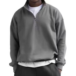 Sudadera básica personalizada 100% de algodón para hombre, color sólido, con cremallera de cuarto, patrón de letras bordadas, ajuste regular para todas las estaciones - Product Image 1