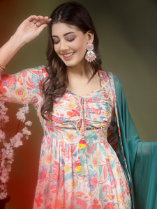 งานปักจิ๋วคุณภาพดีเยี่ยมงานกระจกพิมพ์ลายดอกไม้ Anarkali Kurti สําหรับผู้หญิงจากผู้ผลิตชาวอินเดียในราคาที่ดีที่สุดจํานวนมาก - Product Image 2