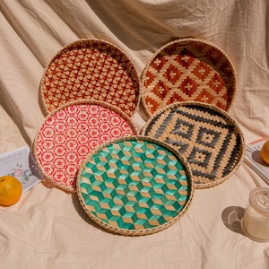 KITCHEN <b>GADGETS</b> Storage Trays Bamboo Woven Decorative Tray Serving Pattern Round Colorful Placemat Plates Basket <b>Home</b> Wall Decor - Product Image 5
