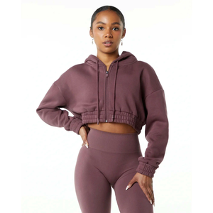 Classique blanc femmes surdimensionné coupe courte sweat à capuche d'hiver 55% coton 45% Spandex Full-Zip Crop Hood paillettes avant goutte épaule - Product Image 1