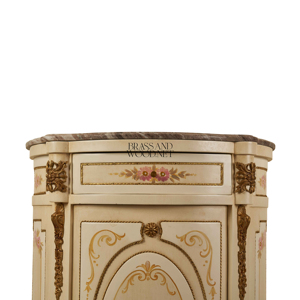 Meuble à chaussures de luxe de style français, crème, avec décor floral peint à la main, accents dorés ornés et plateau en marbre, idéal pour l'entrée d'un palais - Product Image 3