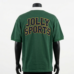 เสื้อรักบี้ชาย ผ้าคอตตอนหนา GSM ทอแบบ Pique สีเขียวเข้ม ปกสีขาว ปักโลโก้ Chenille แบบกำหนดเอง เสื้อรักบี้ชายสำหรับเสื้อโปโล - Product Image 2