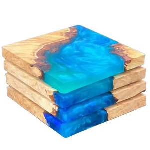 Branded Quality Customize <b>Square</b> Round Epoxy Wood Resin Coaster With Holder <b>Set</b> Coasters - Product Image 5