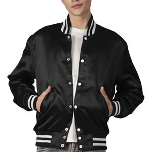 New Trend Retro Satin Varsity Jacket Unisex Lightweight Silky Glossy <b>Fabric</b> Baseball Team Uniform Patchwork Front Custom - Product Image 3