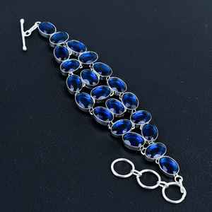 Pulsera de zafiro azul hecha a mano, joyería ajustable chapada en plata de ley 925 para mujer, pulsera de piedras preciosas, regalo de joyería de moda - Product Image 1