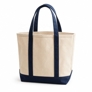 Elegante Bolso Tote de Lona con Asas Beige y Azul Marino, Diseño Abierto, Color Sólido, para Playa y Uso Diario - Product Image 1