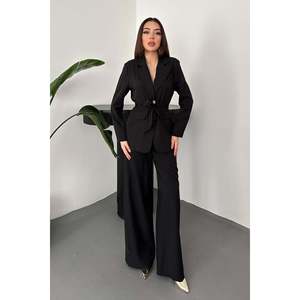 Black Belted Jacket And <b>Trousers</b> Set - Black - Product Image 1