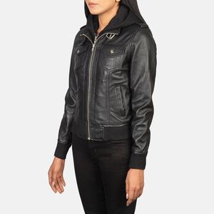 Blouson aviateur en cuir noir à capuche fermeture fabricant professionnel décontracté XS service OEM disponible de haute qualité vente en gros - Product Image 3