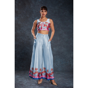 Conjunto de Top y pantalón con estampado de satén azul cielo Listo para usar Tallas Traje elegante de 2 piezas para mujer Ropa suave y elegante - Product Image 1