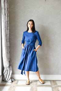 Blue Linen Boho Maxi <b>Dress</b> Long Sleeves Convertible Wrap Solid <b>Pattern</b> Natural Waistline Eco-Friendly Woven Fabric <b>A</b>-<b>Line</b> Summer - Product Image 2