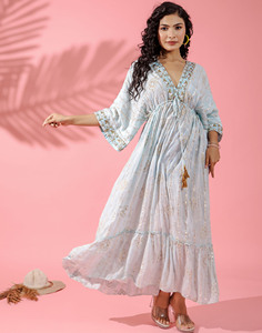 ชุดเดรสแขนสั้นคอวีพิมพ์ลาย lurex ชุดปาร์ตี้ยาวหรูหราน้ำหนักเบา - Product Image 3