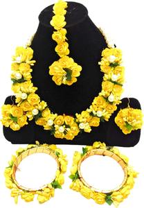 Conjunto de joyería de boda Mehndi hecha a mano para novia Haldi con collar floral, pendientes de anillo y pulsera de rosa - Product Image 5