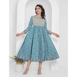 Vestido Anarkali Largo de Algodón con Estampado Azul, Cintura Imperio, Estilo Boho, Transpirable, Personalizable, ODM Gratuito para Uso Casual o de Noche - Product Image 4