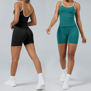 Conjunto de entrenamiento acanalado sin costuras para mujer, Sujetador deportivo sin espalda, botín de motorista corto, conjuntos de entrenamiento de 2 piezas, camisetas sin mangas acolchadas - Product Image 5