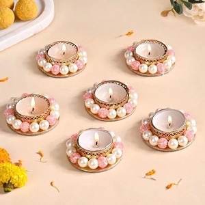 Indian Pearl Tea Light Candle <b>Holder</b> Festive Decor T light <b>Holder</b> Diwali Gift Housewarming Mehndi Haldi Wedding Favor Decoration - Product Image 3
