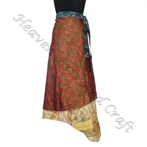 Eco Friendly Girl's Wear Beach Sari Reversible Long Wrap Skirts Beach Wear Vintage Silk Magic 38" Length Wrap Skirt cover up