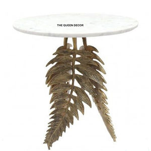 Table d'appoint ronde en marbre avec base en forme de feuille, finition dorée, taille standard premium, élégant accessoire pour la maison - Product Image 1