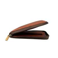Dompet Lipat dua kulit coklat asli pria, dengan perlindungan RFID, penutup ritsleting aman, panjang kartu pemegang kartu, saku koin tipe terbuka
