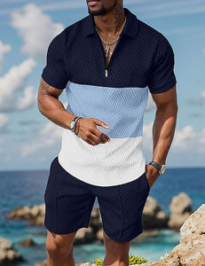 Chándal de verano para hombre, conjuntos de pantalones cortos de 2 piezas, chándal de manga corta, trajes 1/4 Zip Golf Polo empalme camisas a rayas - Product Image 3