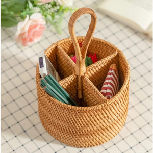 Handwoven Round Rattan Utensil Caddy <b>Basket</b> - Natural Flatware & <b>Kitchen</b> Utensil Holder - Made in Vietnam - Product Image 1