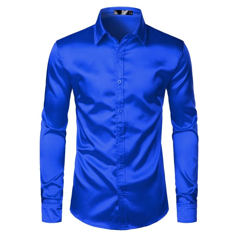 Azul Royal Silk Satin Shirt Homens 2023 Marca de Luxo New Slim Fit Mens Camisas de Vestido de Casamento Camisa Casual Masculina