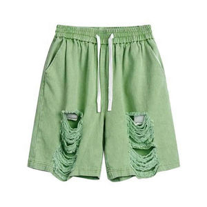 2025 pantalones cortos para hombre, ropa de calle, lavado ácido, pantalones cortos de algodón de lana transpirables desgastados, cintura elástica, patrón informal, pantalones cortos para Unisex - Product Image 1