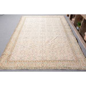 Alfombra turca Vintage clásica Beige 6,3X9,3 pies hecha a mano de lana Patchwork diseño respaldo de látex para cabecera patrón de pasillo rectangular - Product Image 1